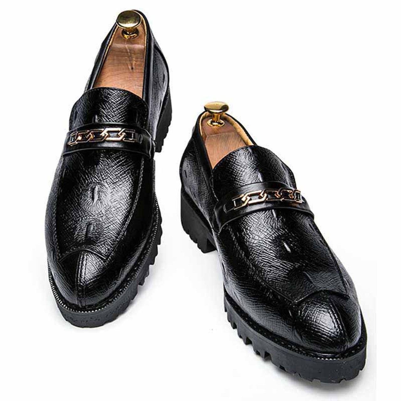 Black retro chain buckle leather slip on dress shoe | Mens dress shoes ...