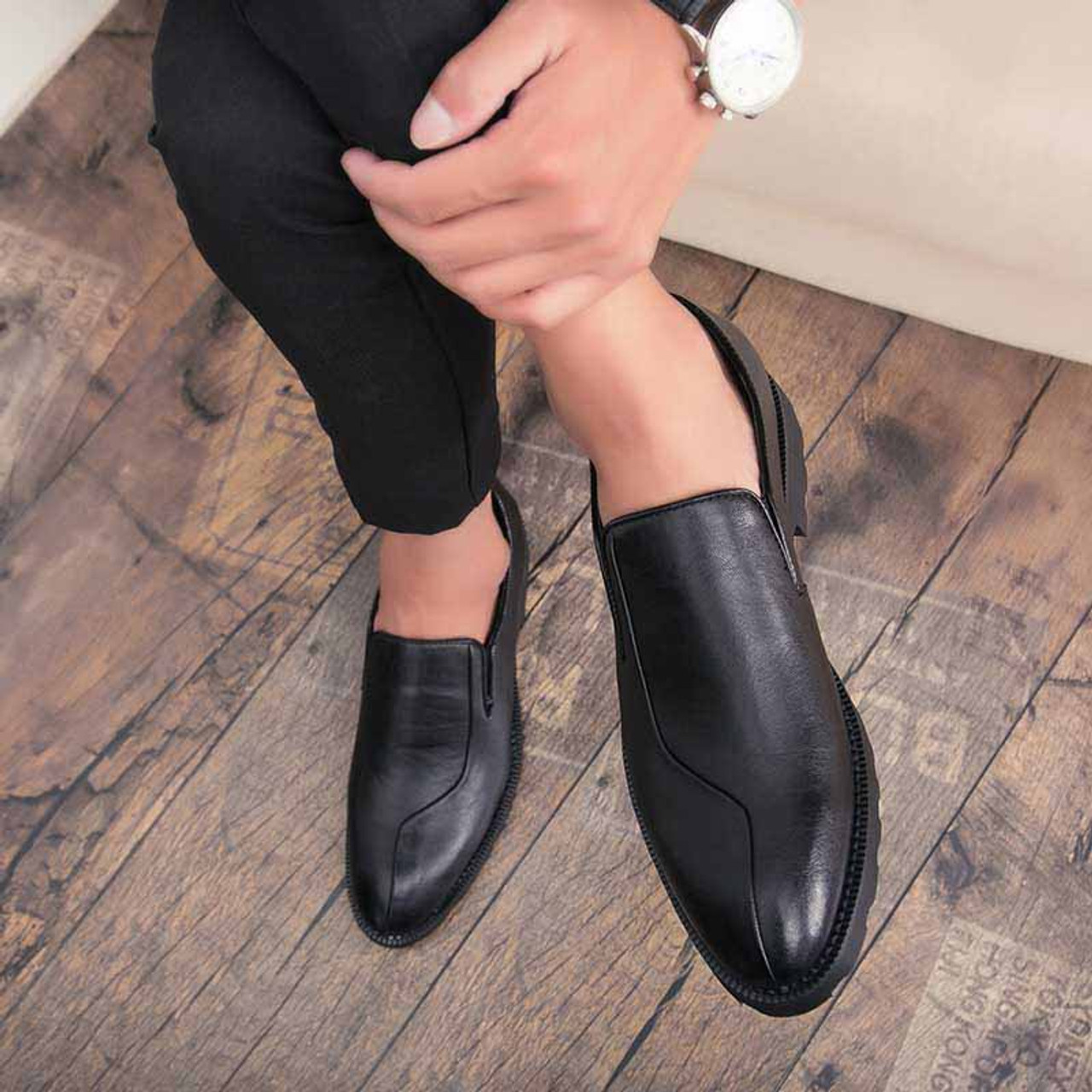 Black retro split style leather slip on dress shoe | Mens dress shoes ...