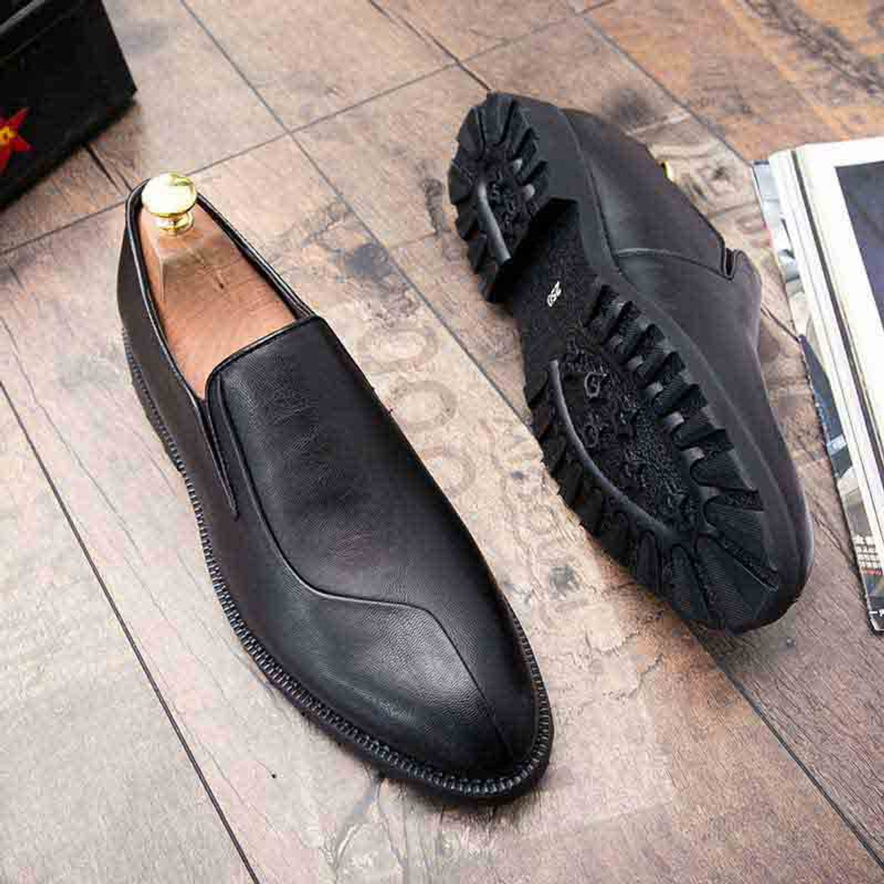 Black retro split style leather slip on dress shoe | Mens dress shoes ...