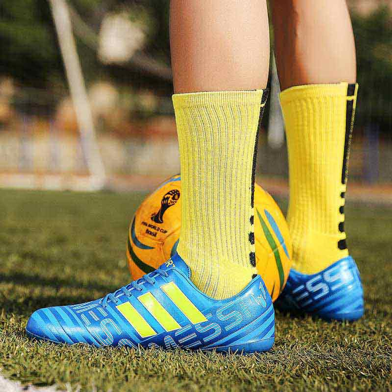 Blue triple stripe label print soccer shoe | Mens football & soccer ...