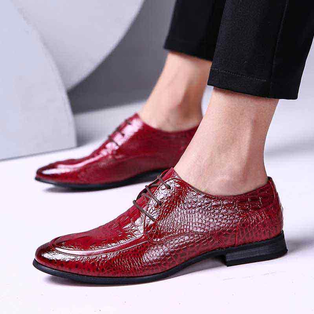 Red crocodile skin pattern derby dress shoe | Mens dress shoes online ...