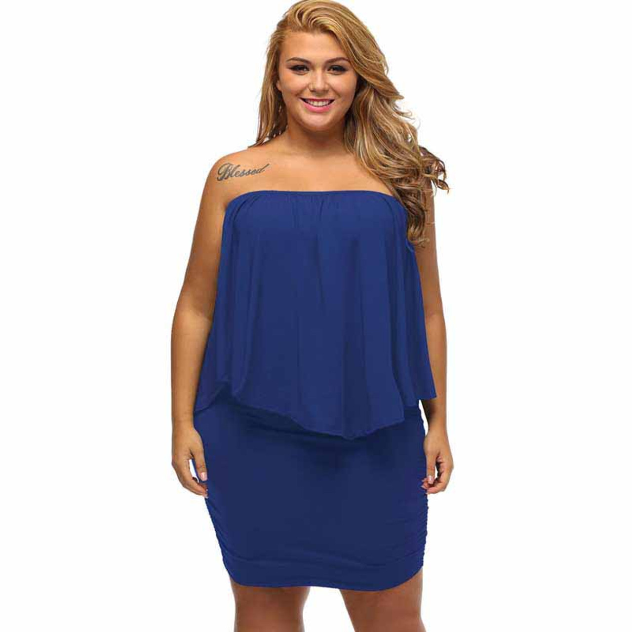 Blue Multi Layer Off Shoulder Plus Size Mini Dress Womens Plus