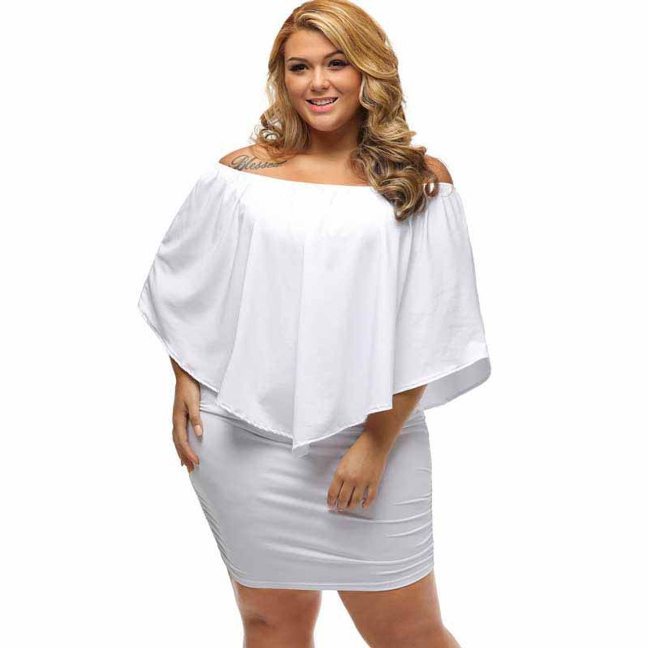 White Multi Layer Off Shoulder Plus Size Mini Dress Womens Plus