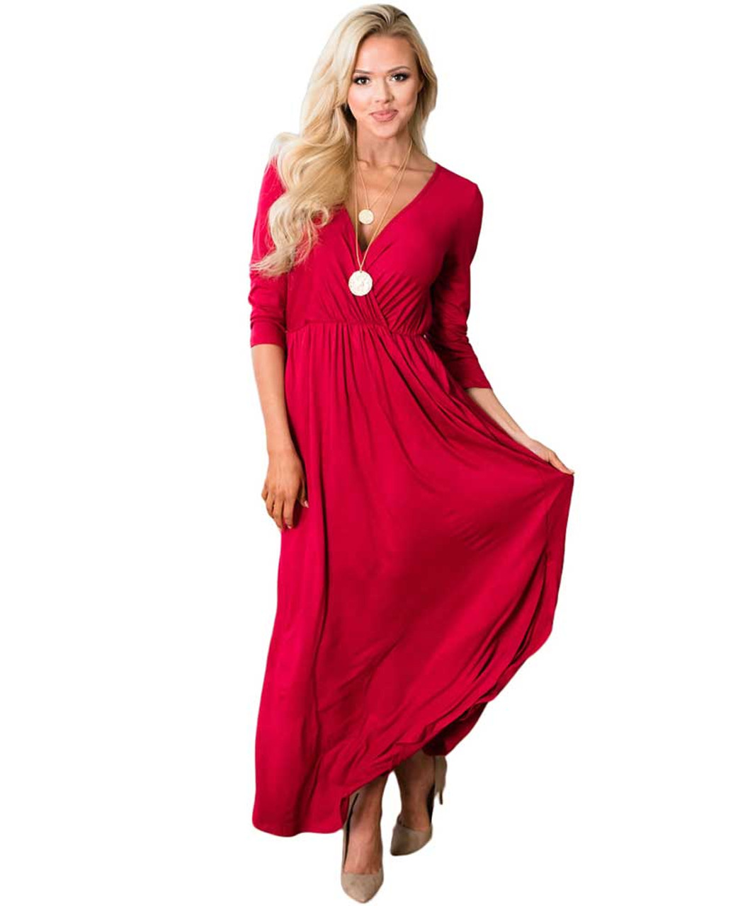 red pleated dress with sleeves