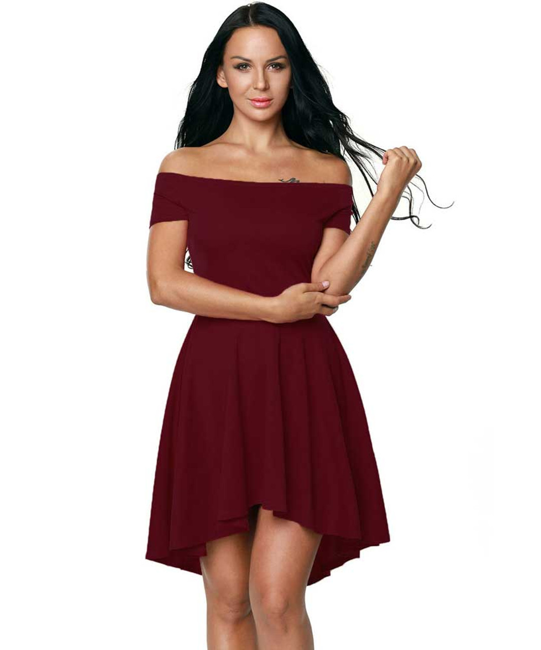 off the shoulder red mini dress