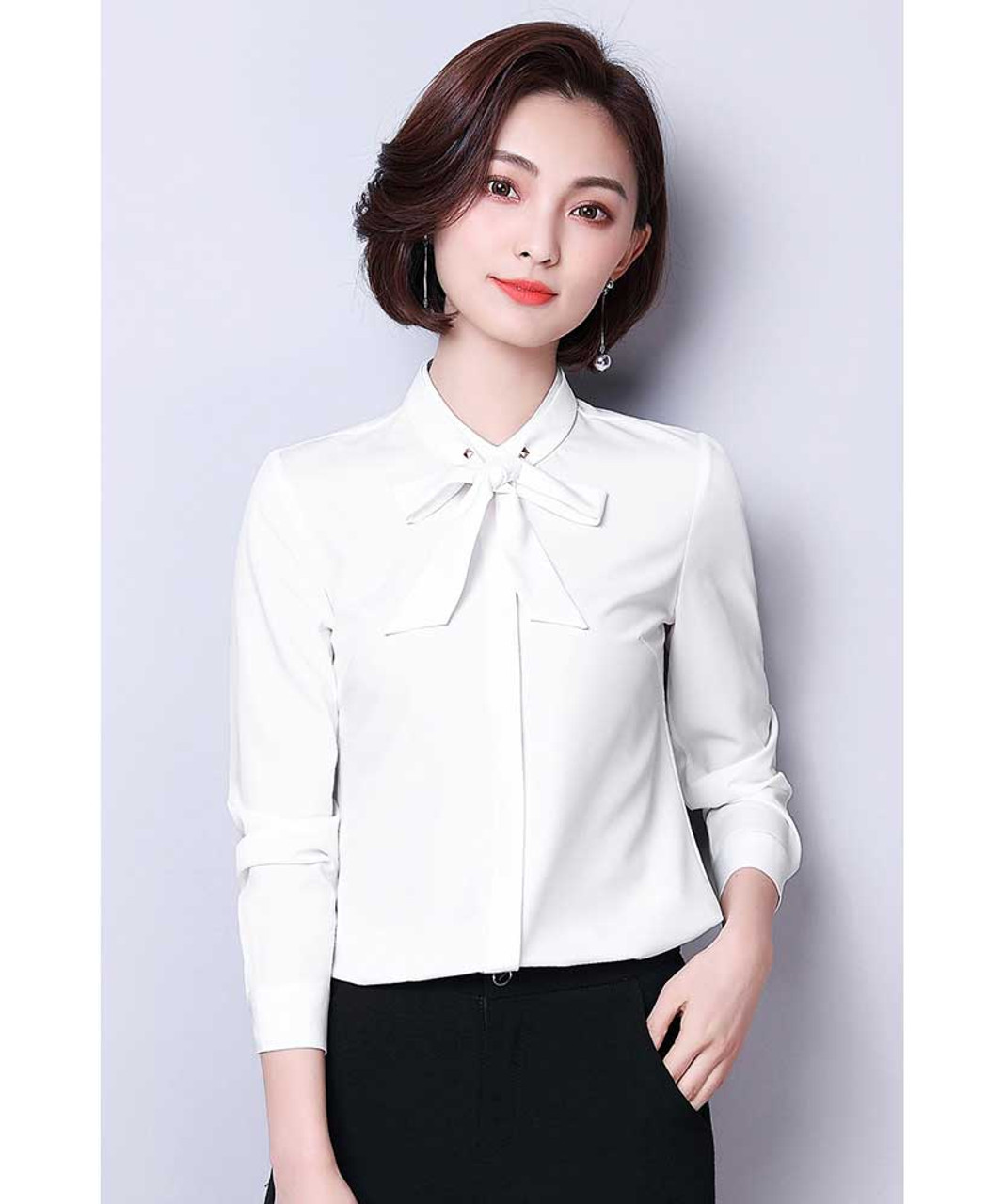 Women Bowtie Collar Long Sleeve Blouse Tops Korean Fashion OL Formal Shirt  S-3XL