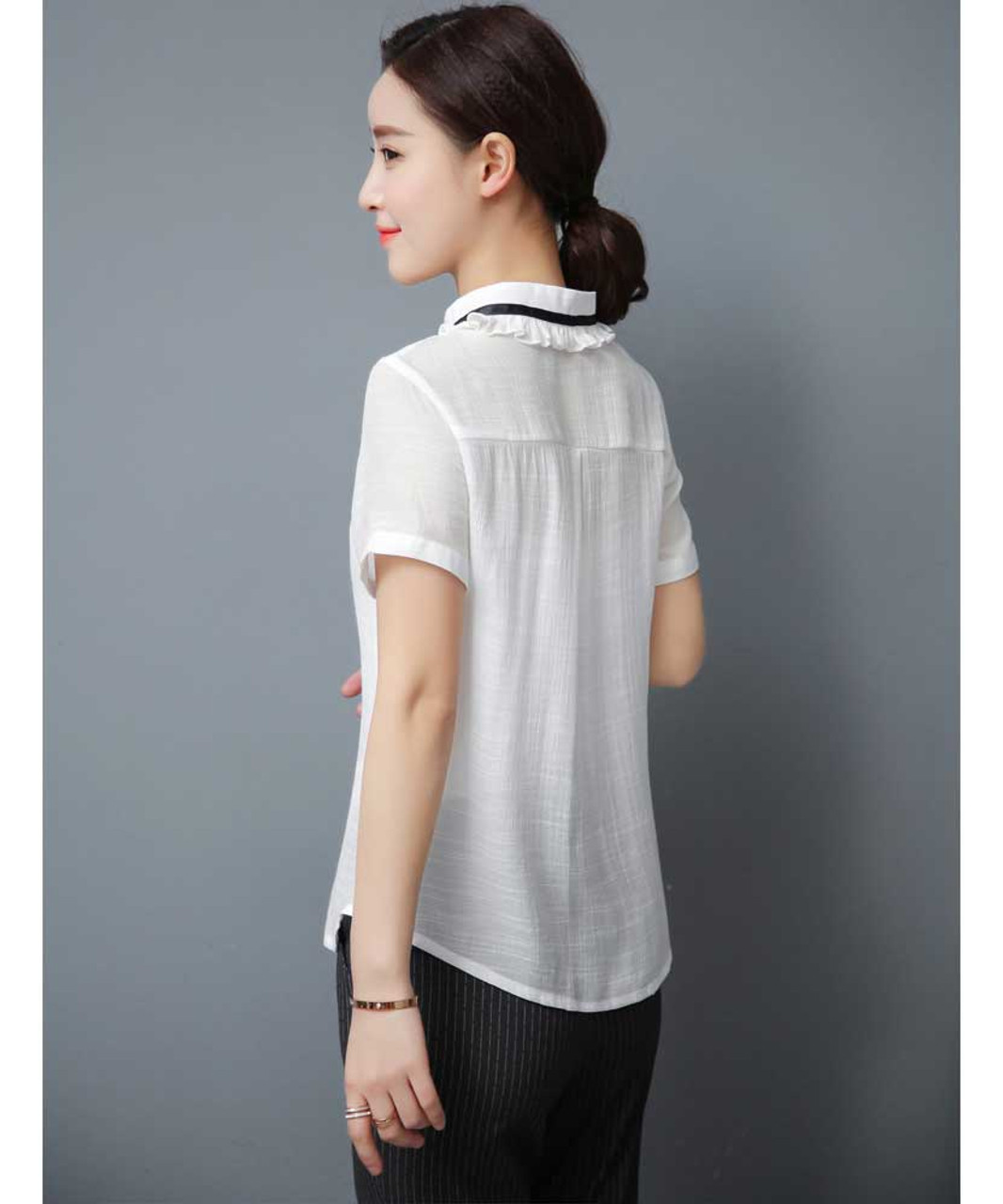 White ruffle style short sleeve shirt with neck tie | Womens shirts ...
