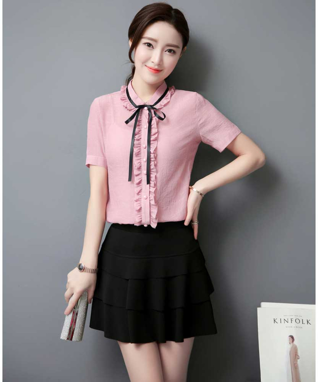 Pink ruffle style short sleeve shirt with neck tie | Womens shirts ...