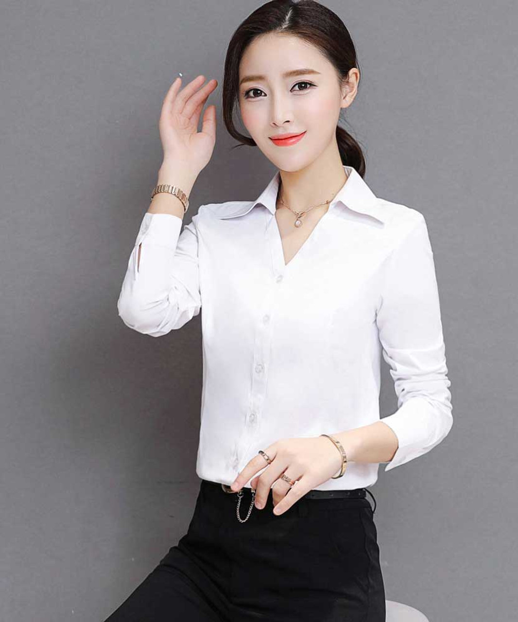 women's white long sleeve dress shirt