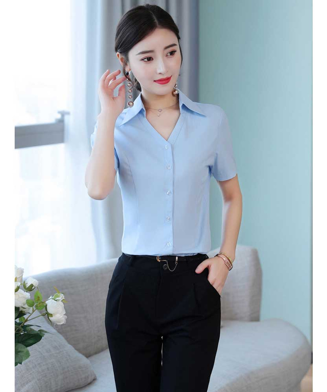 Short Sleeve V-Neck in Cloud Blue - Shirts for Tall Women