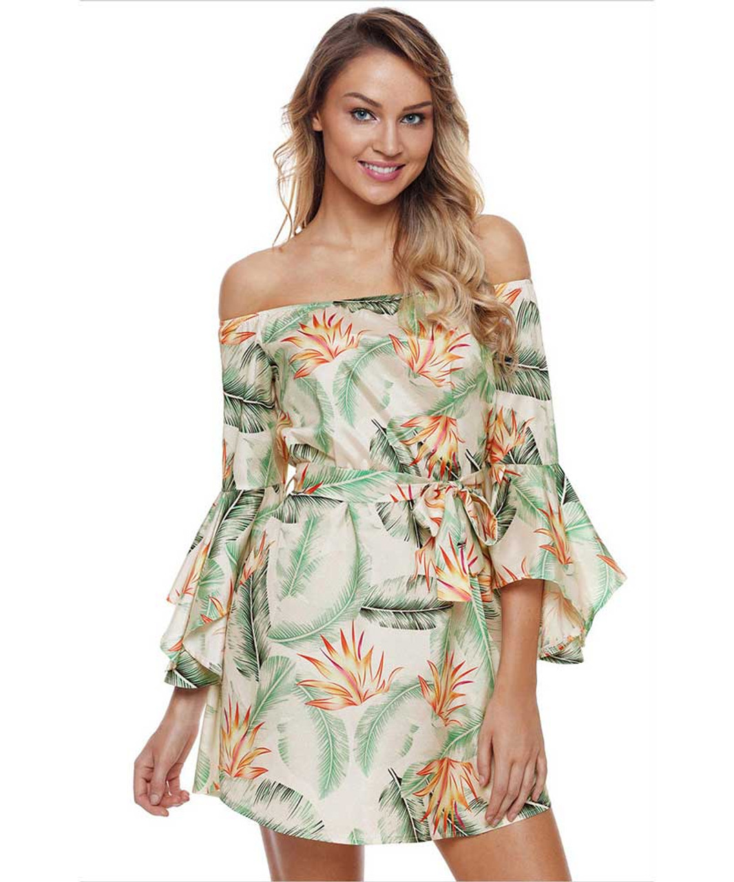 green floral off the shoulder dress