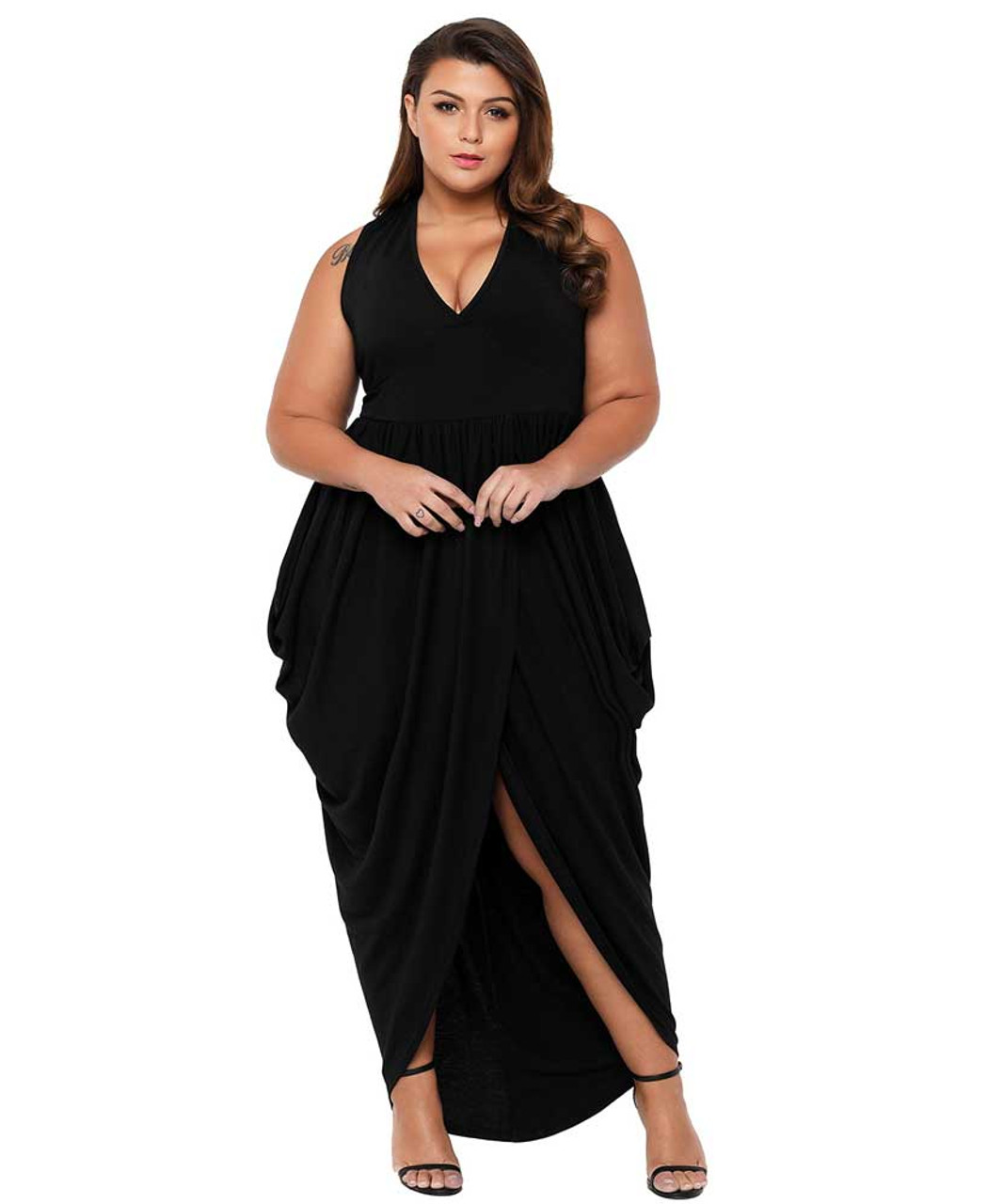 Black V Neck Draping Ruffle Plus Size Maxi Dress Womens Plus