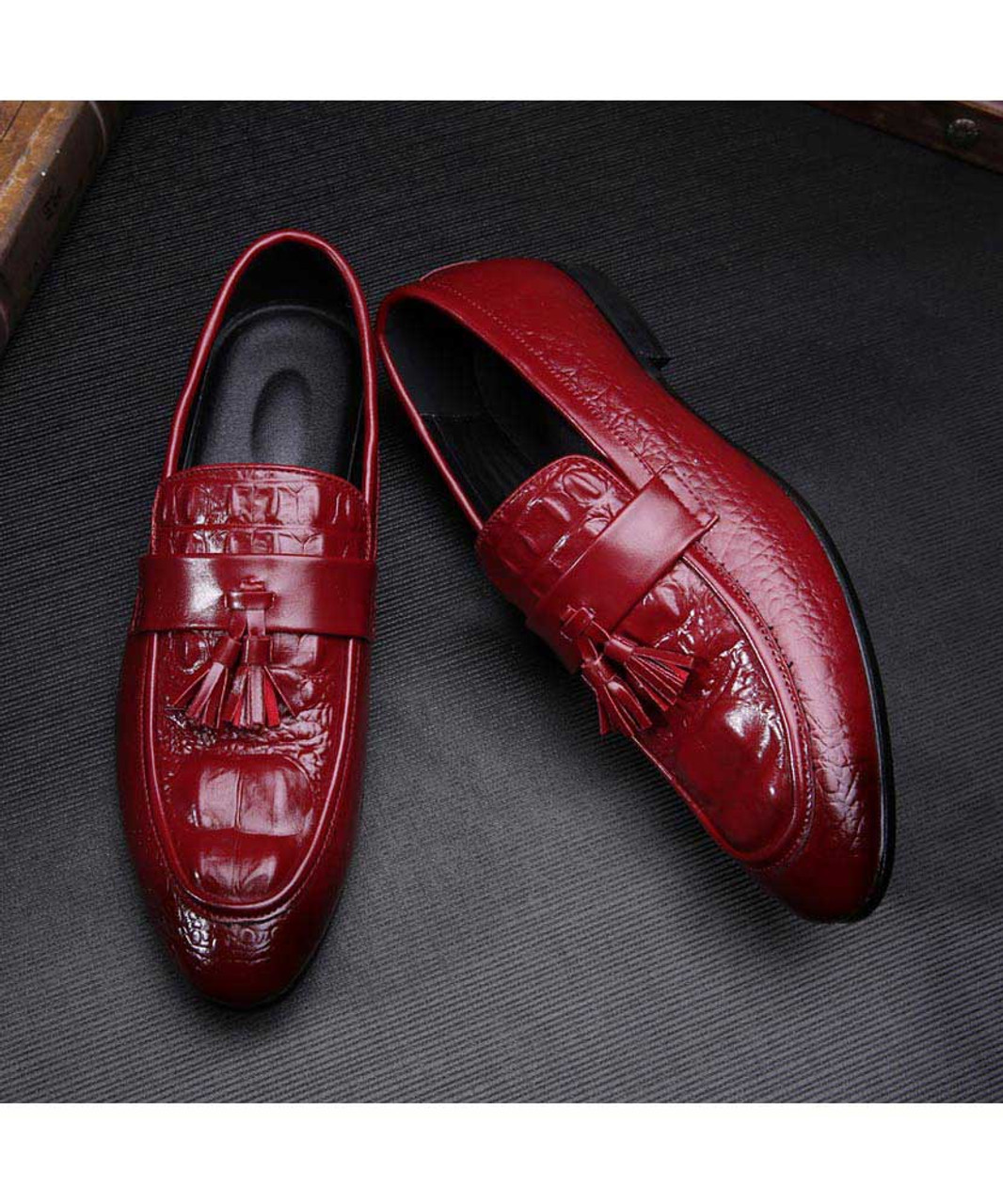 Red crocodile skin pattern tassel slip on dress shoe | Mens dress shoes ...