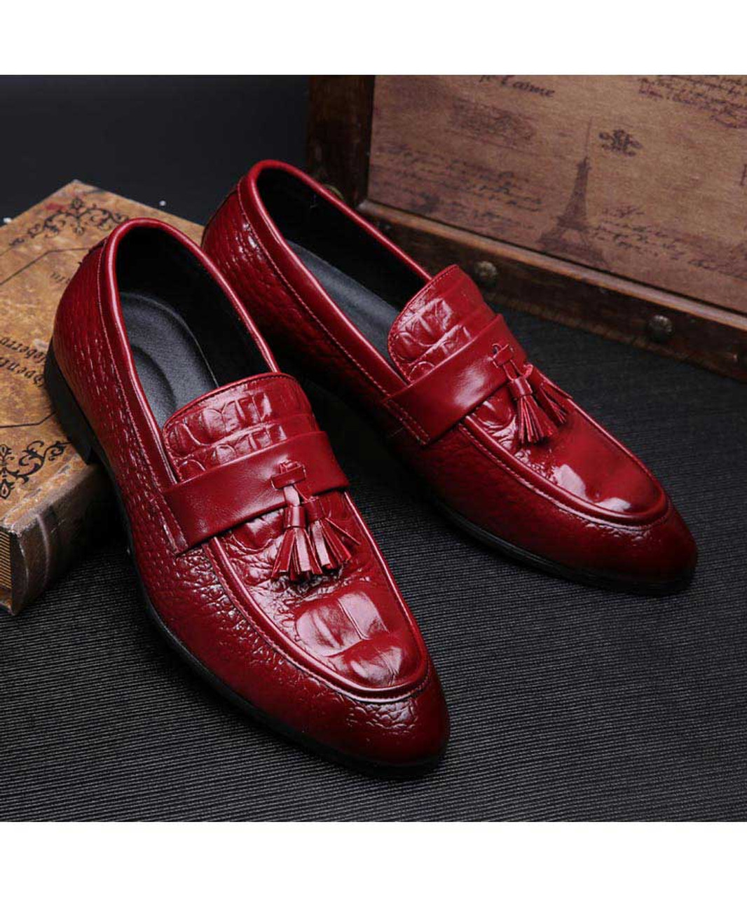 Red crocodile skin pattern tassel slip on dress shoe | Mens dress shoes ...