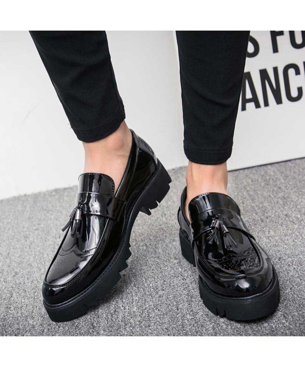 Black brogue tassel patent slip on dress shoe | Mens dress shoes online ...