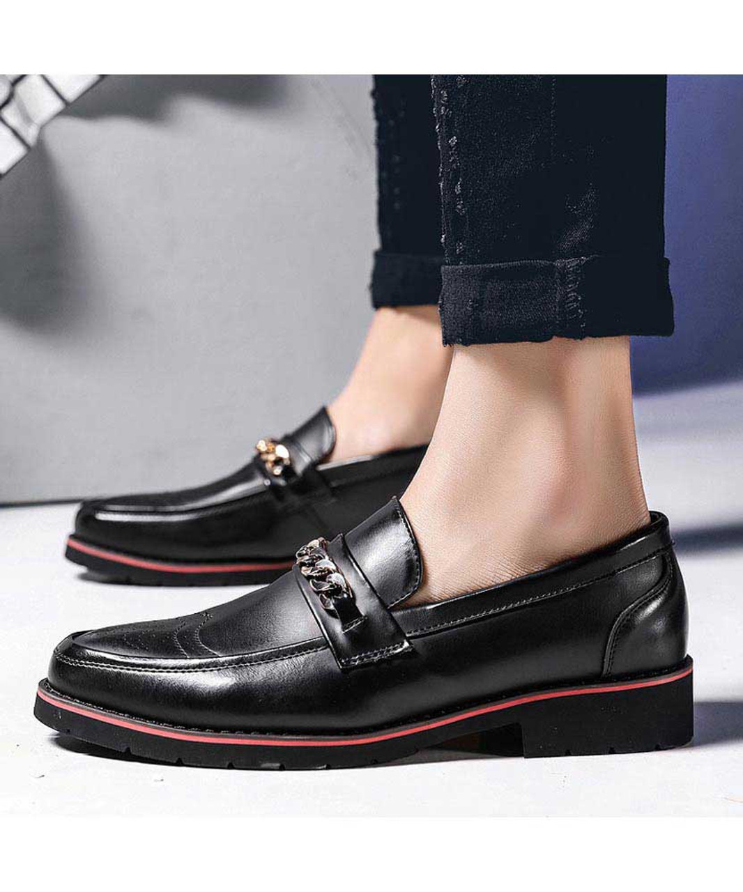 Black brogue chain buckle slip on dress shoe | Mens dress shoes online ...