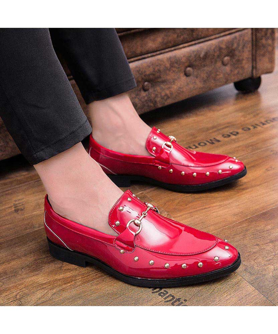 Red rivet patent slip on dress shoe metal buckle | Mens dress shoes ...