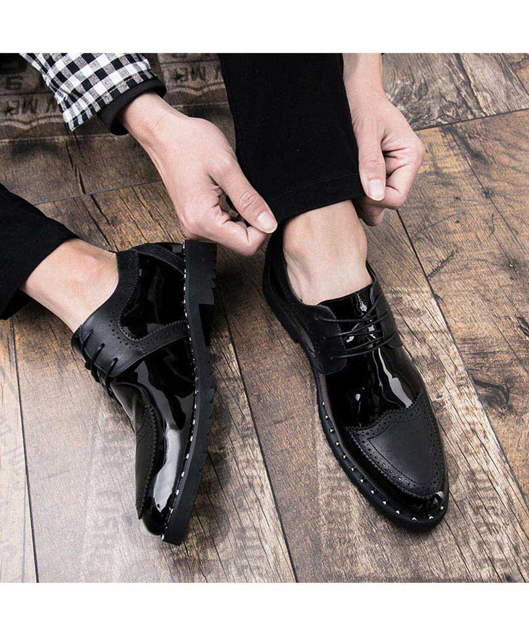 Black patent leather two tone derby brogue dress shoe | Mens dress ...