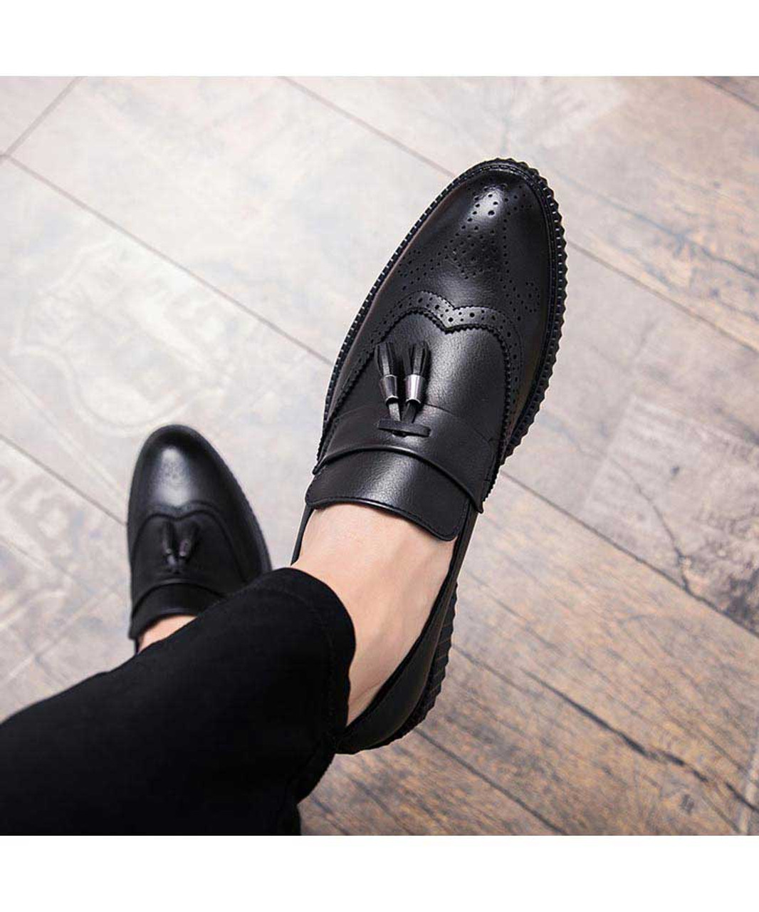Black retro brogue tassel slip on dress shoe | Mens dress shoes online ...