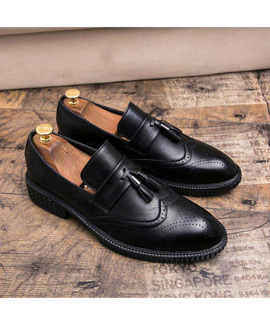 Black retro brogue tassel slip on dress shoe | Mens dress shoes online ...
