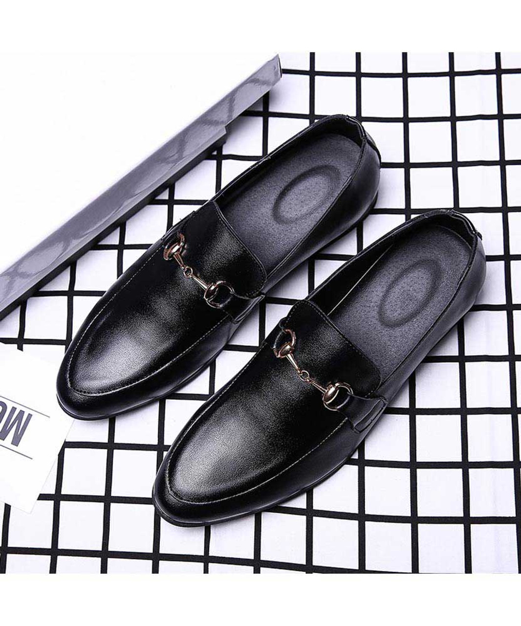 Black metal chain buckle slip on dress shoe | Mens dress shoes online ...