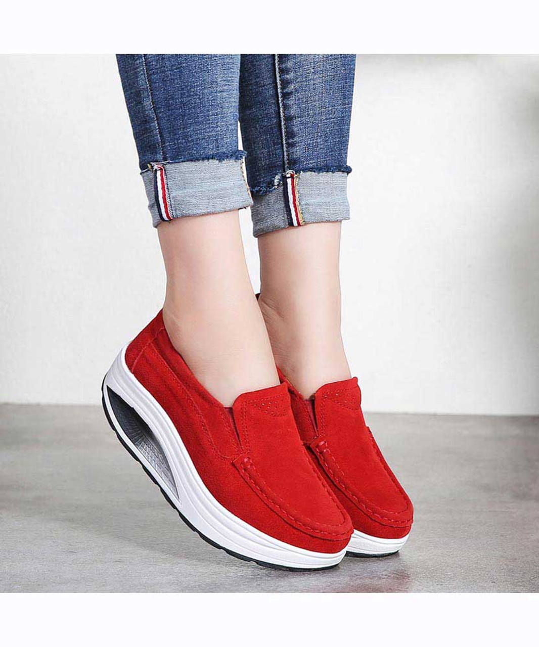 Red hollow slip on rocker bottom shoe sneaker | Womens rocker shoes ...