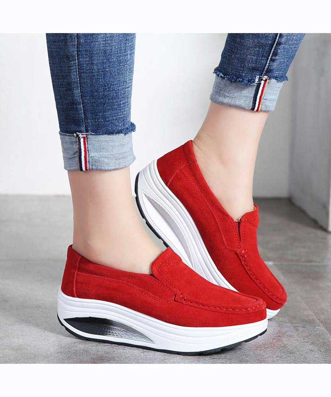 Red hollow slip on rocker bottom shoe sneaker | Womens rocker shoes ...