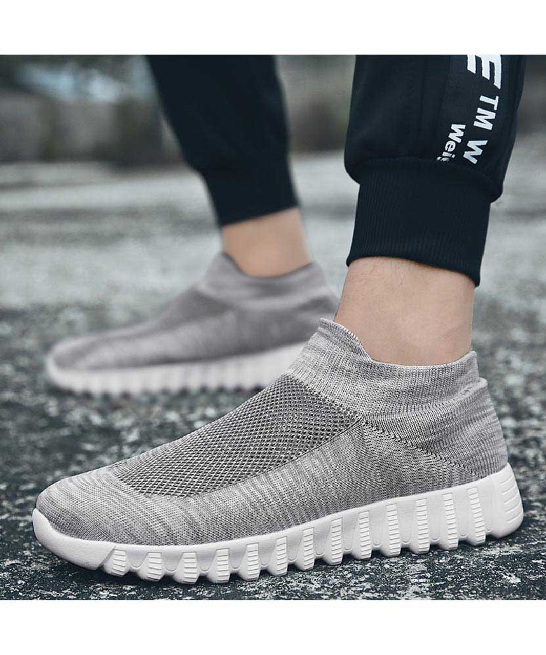 Grey flyknit textured slip on sock like fit shoe sneaker | Mens shoe ...