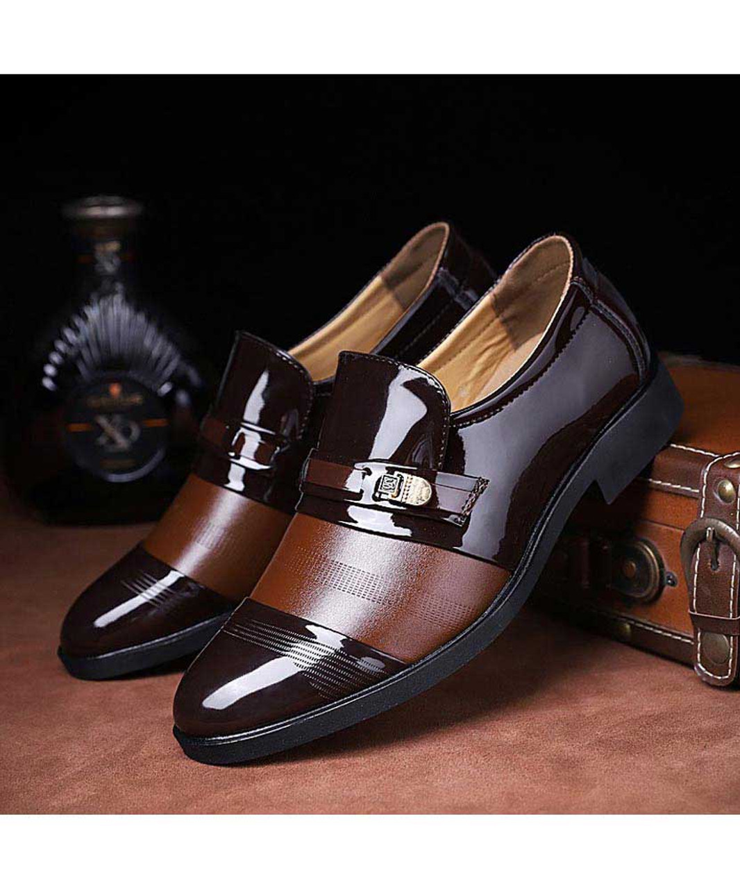 Brown splice metal buckle slip on dress shoe | Mens dress shoes online ...