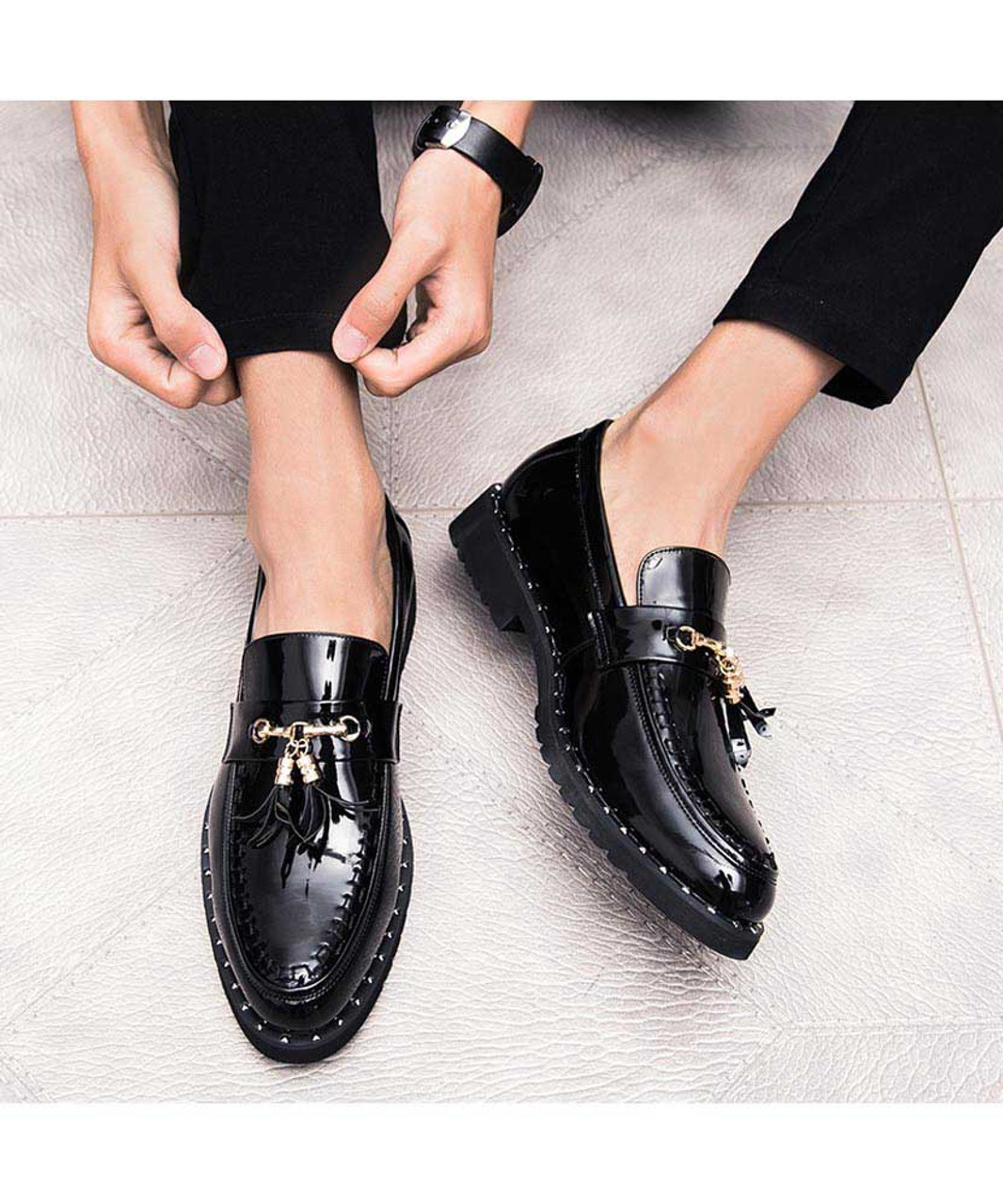 Black tassel buckle patent slip on dress shoe | Mens dress shoes online ...