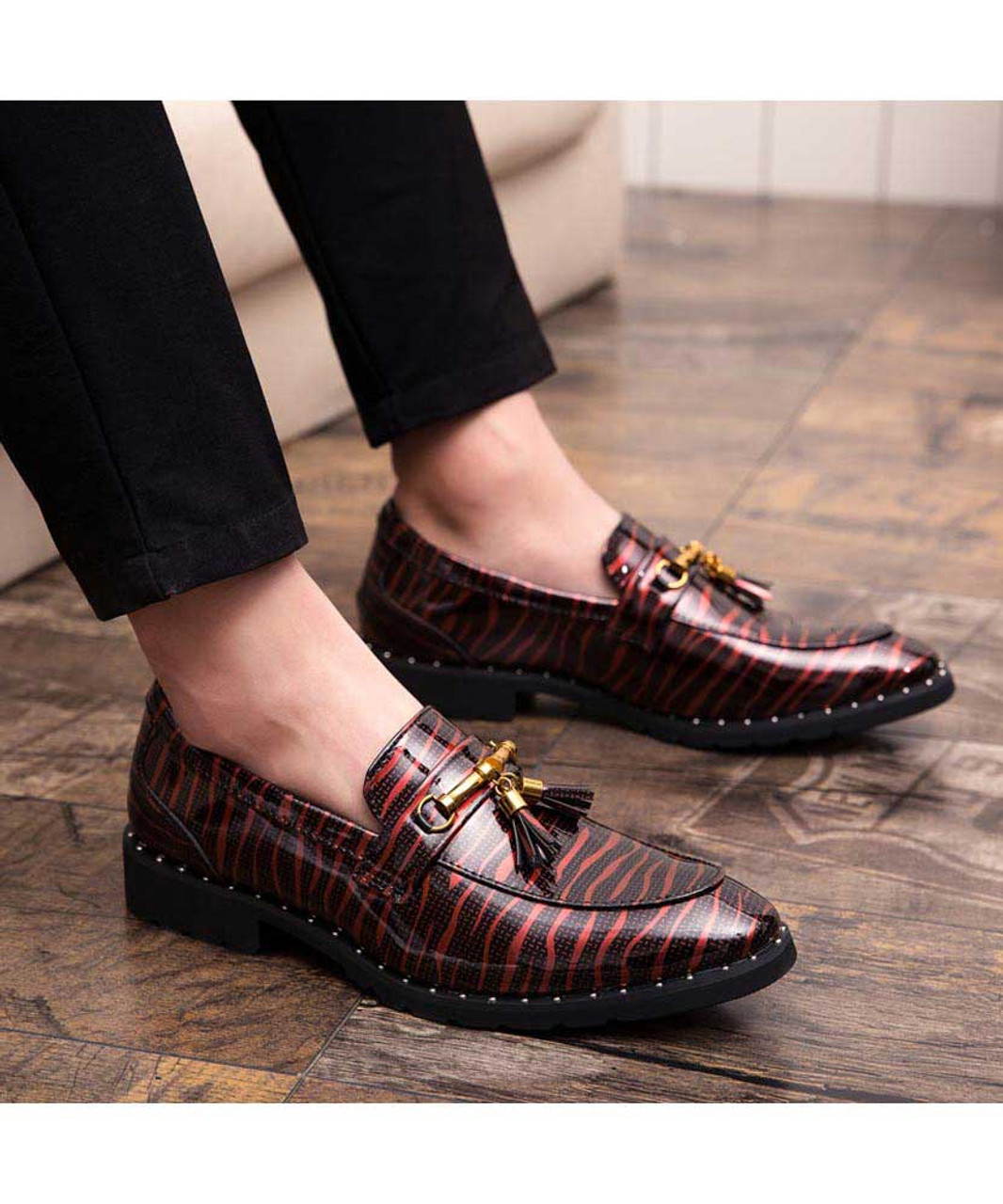 Red stripe leather tassel buckle slip on dress shoe | Mens dress shoes ...