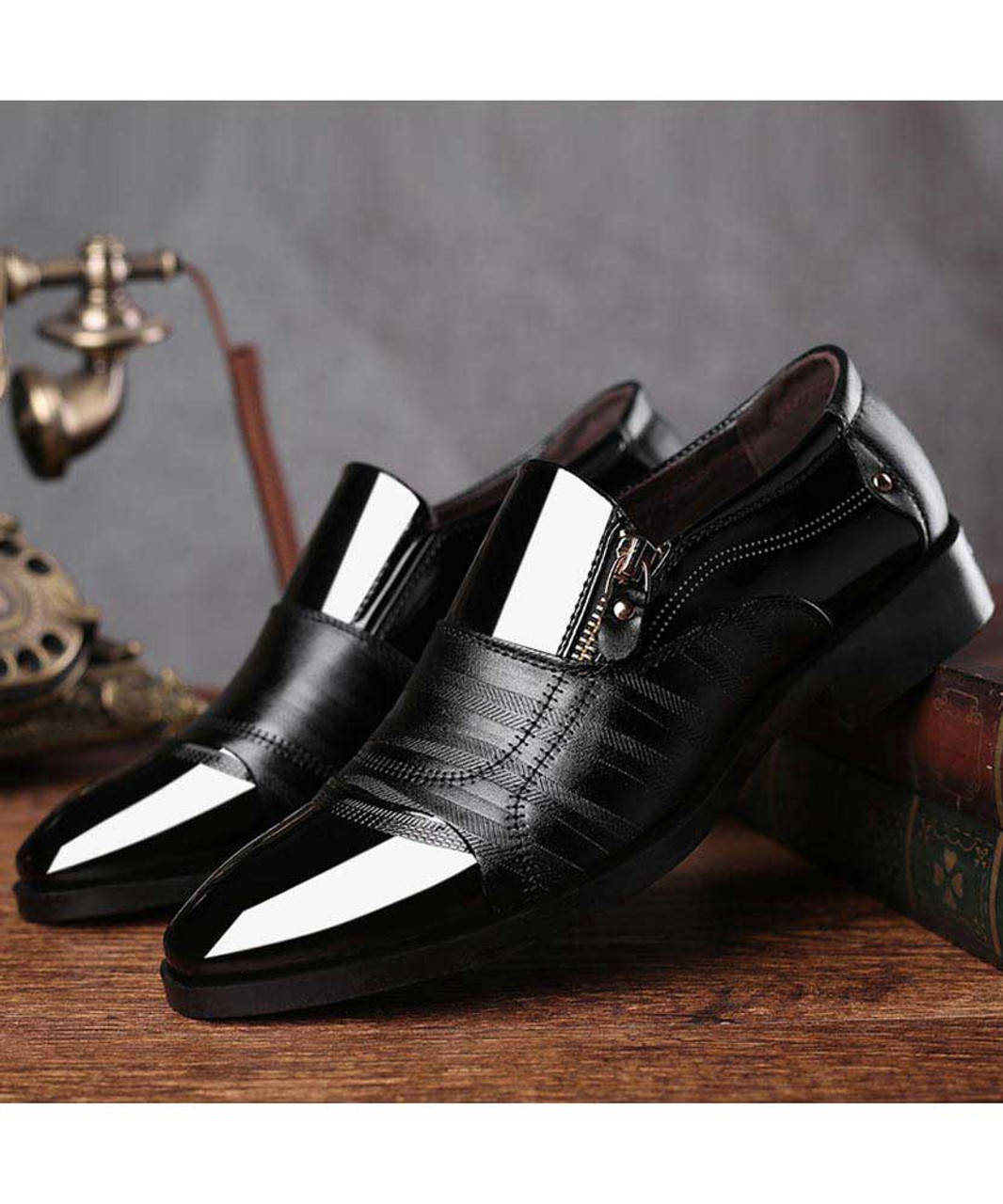 Black zip patent leather slip on dress shoe | Mens dress shoes online ...