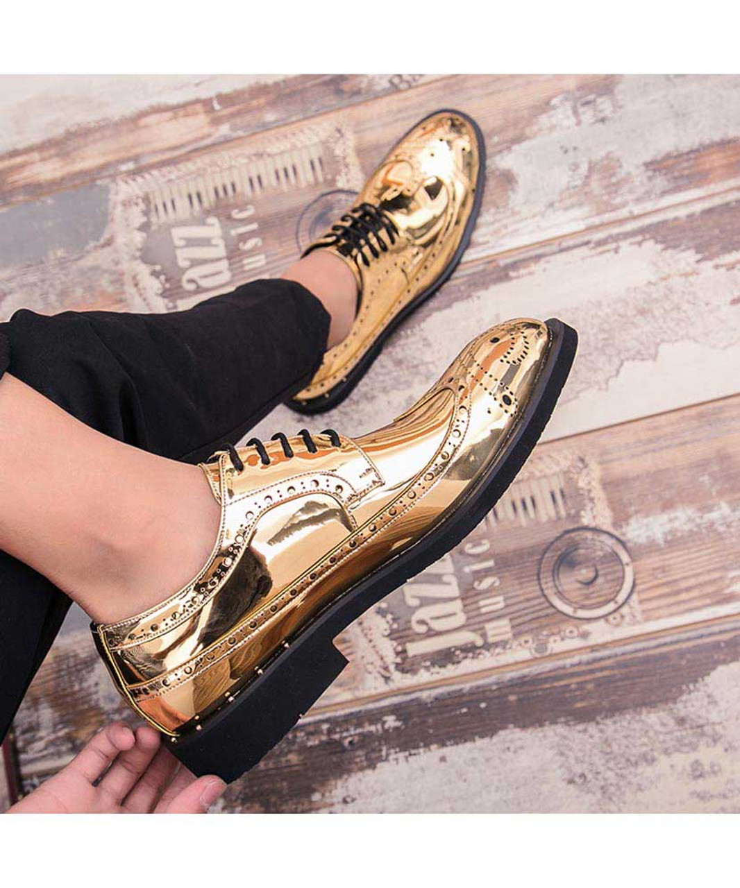 Golden brogue patent leather derby dress shoe | Mens dress shoes online ...