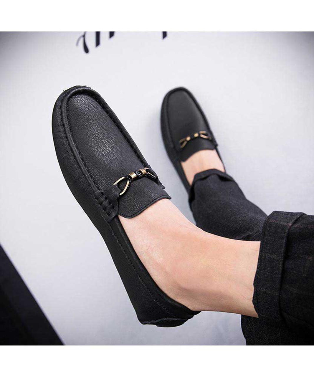 Black leather slip on shoe loafer with butterfly buckle | Mens shoe ...