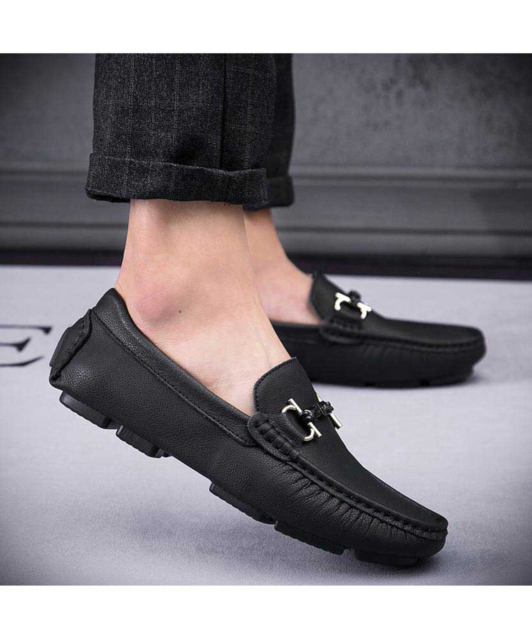 Black leather slip on shoe loafer with metal buckle | Mens shoe loafers ...