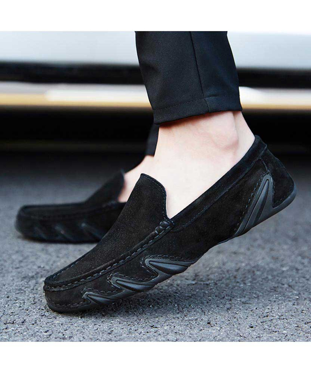 Black wave style leather slip on shoe loafer | Mens shoe loafers online ...