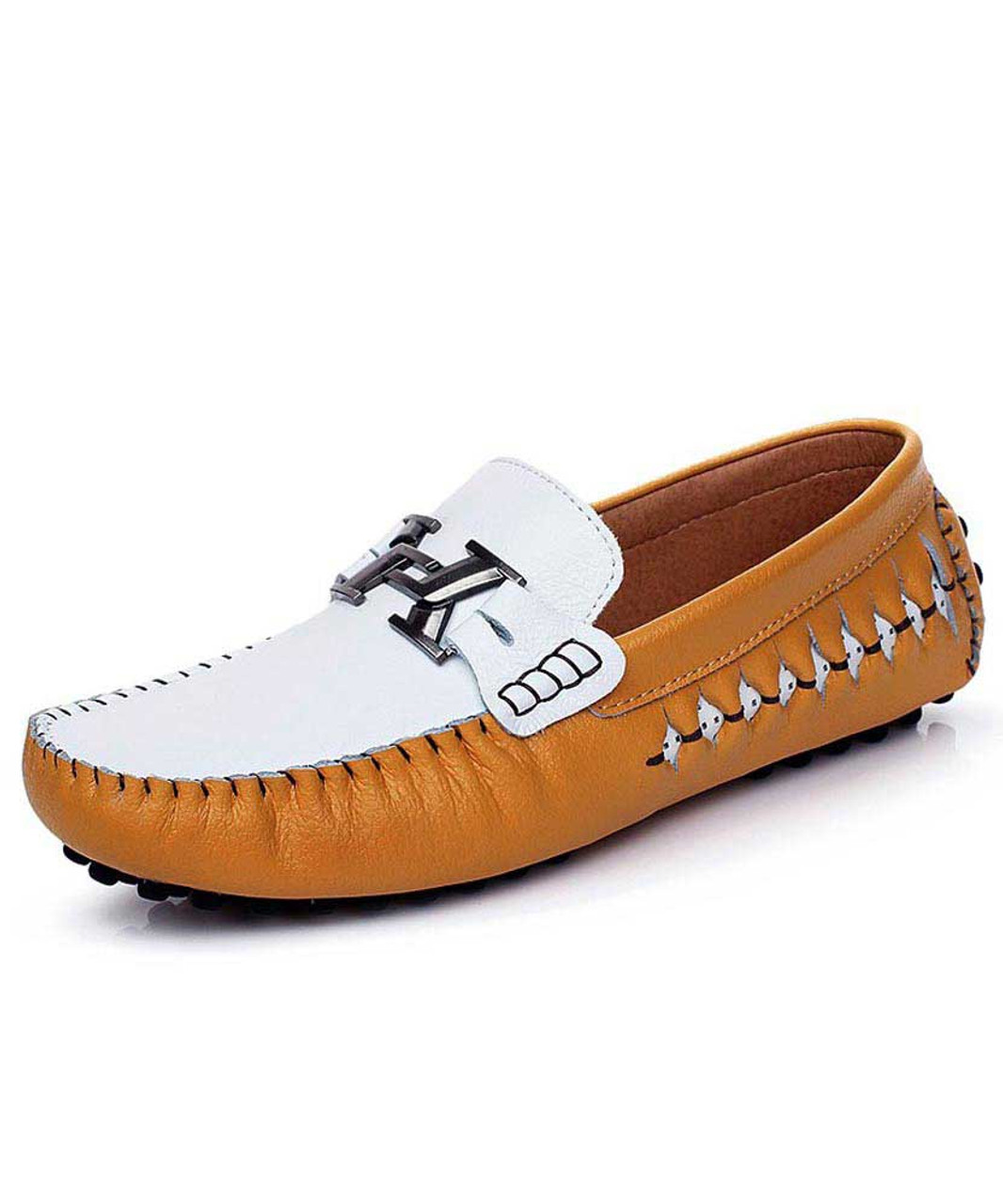 White blue metal buckle hollow leather slip on shoe loafer