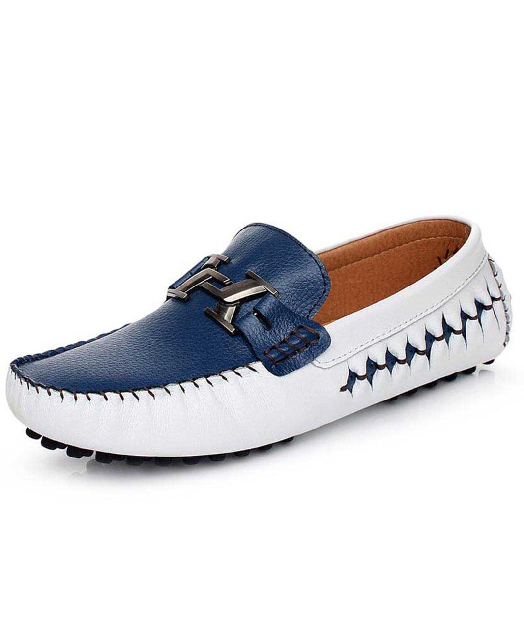 White blue metal buckle hollow leather slip on shoe loafer