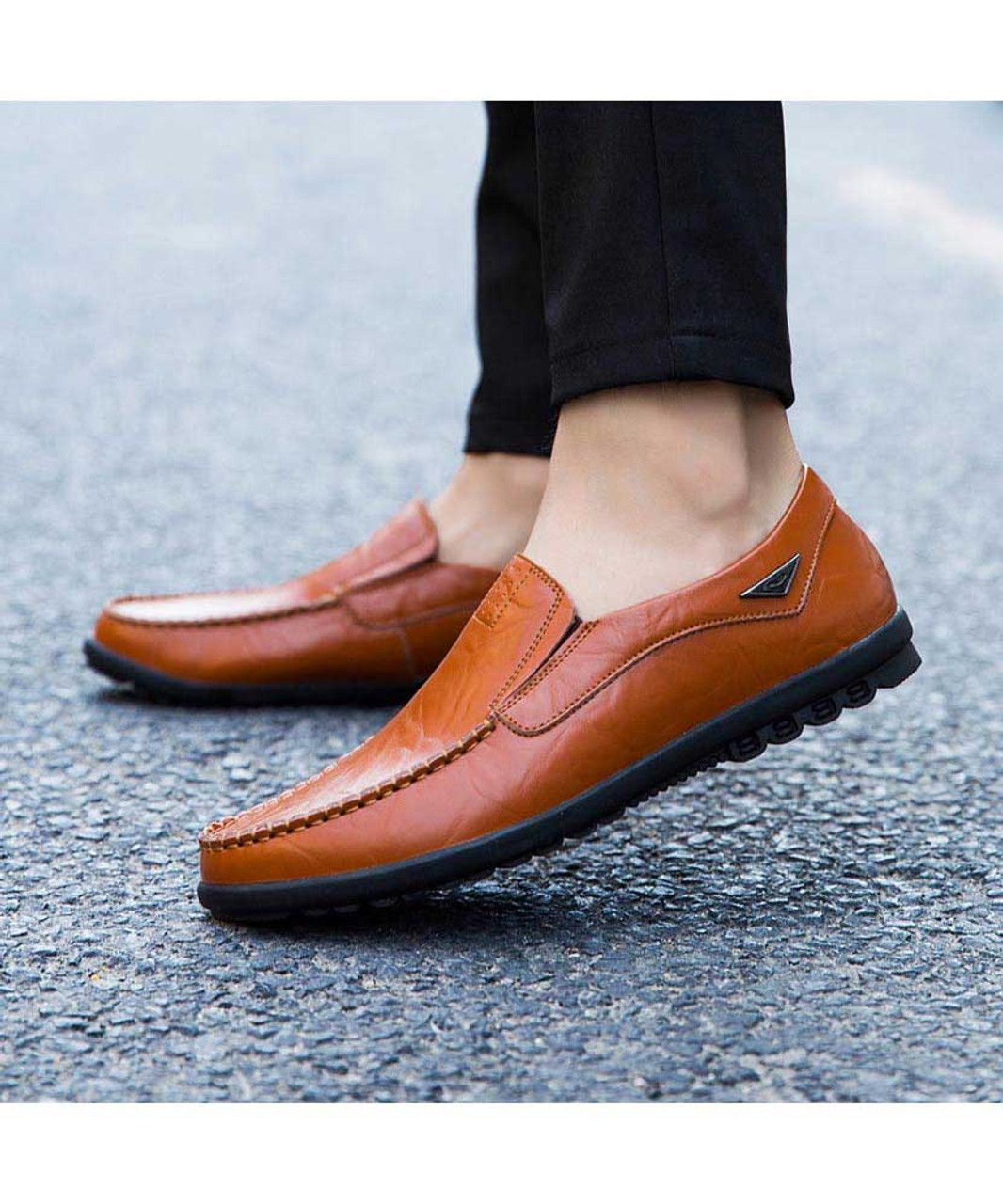 Red brown leather slip on shoe loafer with metal ornament | Mens shoe ...