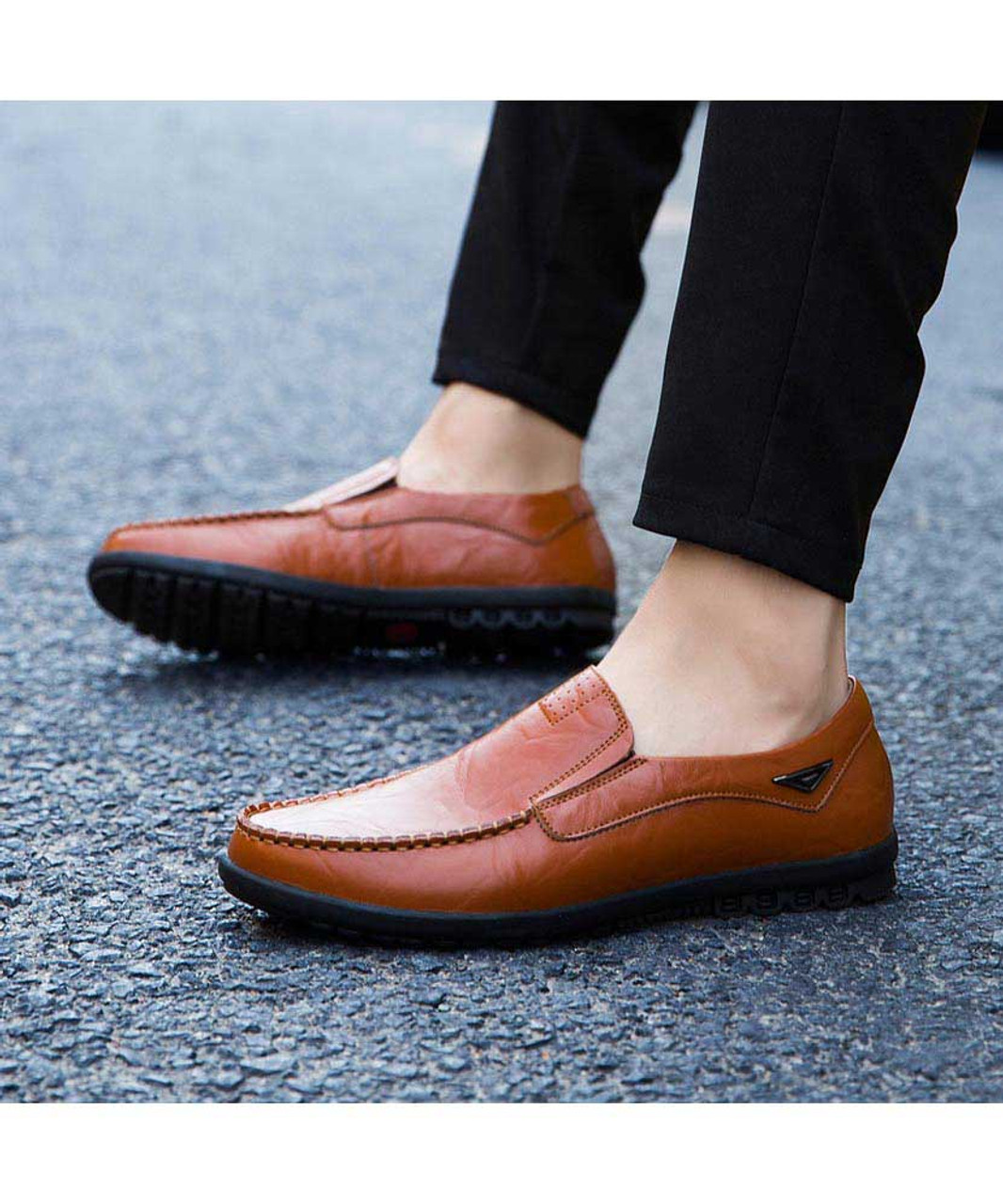 Red brown leather slip on shoe loafer with metal ornament | Mens shoe ...