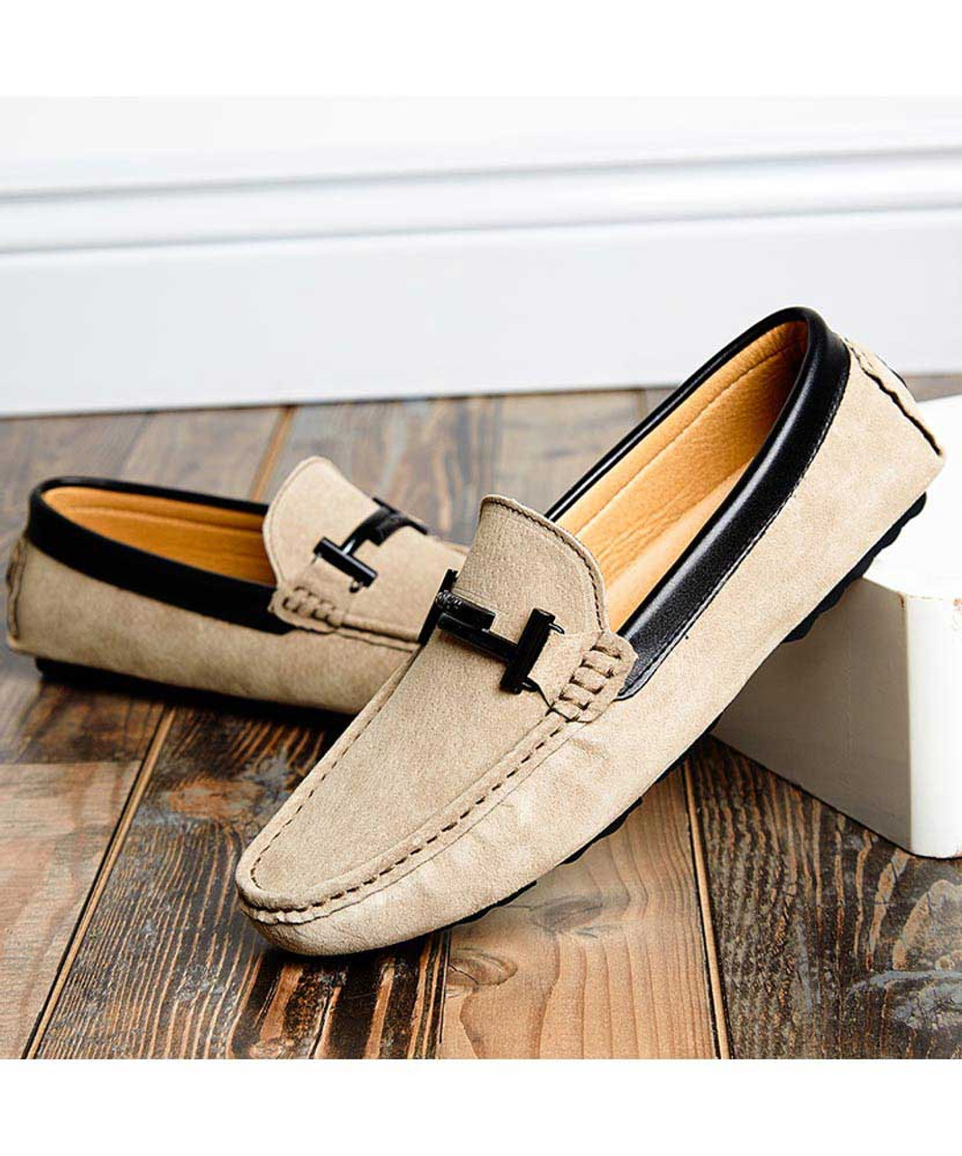 Khaki T shape buckle leather slip on shoe loafer | Mens shoe loafers ...