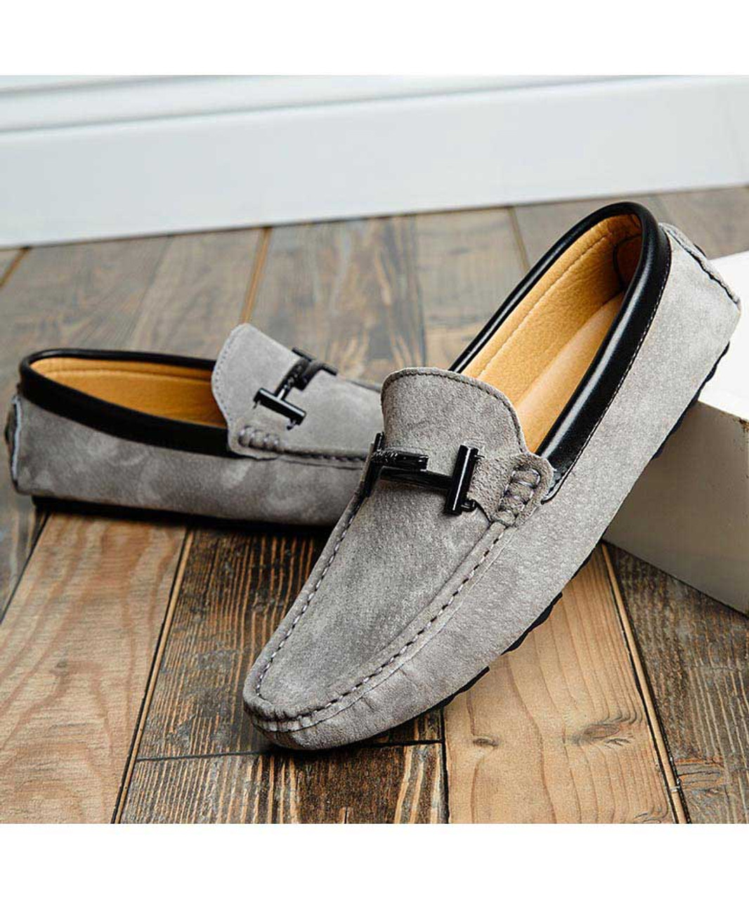 Grey T shape buckle leather slip on shoe loafer | Mens shoe loafers ...