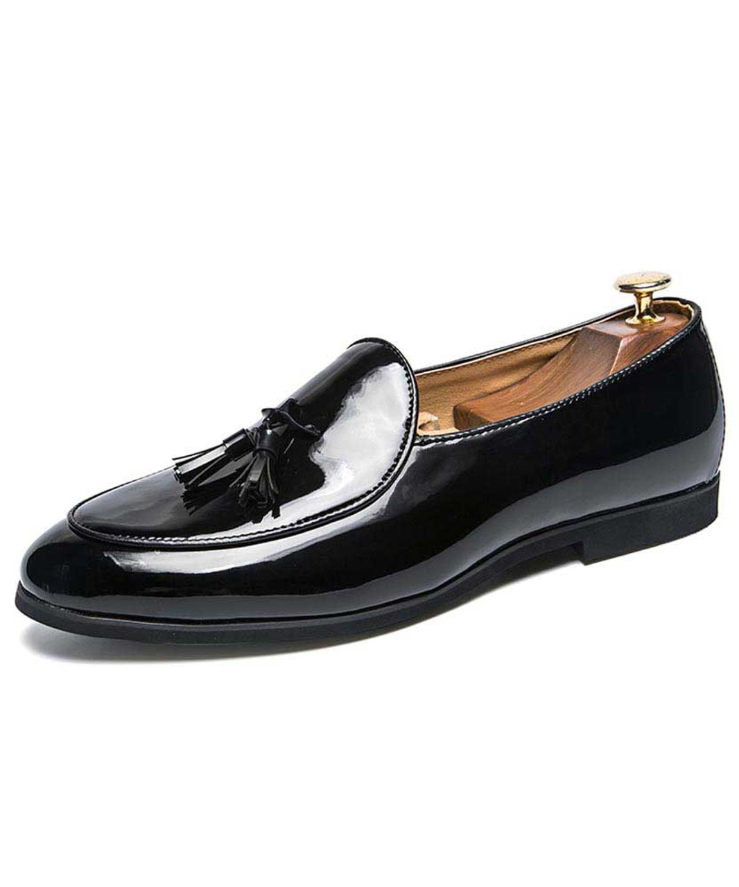 Black patent leather slip on dress shoe 