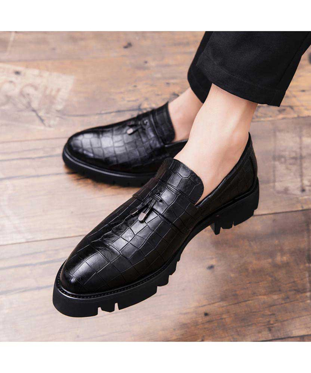 Black check leather slip on dress shoe with tassel | Mens dress shoes ...
