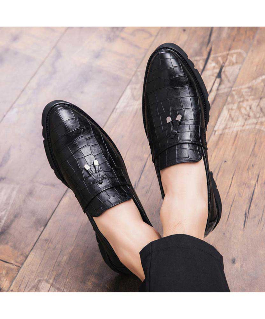 Black check leather slip on dress shoe with tassel | Mens dress shoes ...
