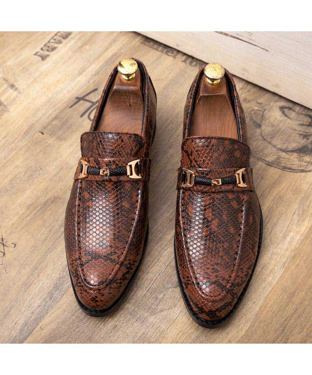 Brown pattern print metal buckle slip on dress shoe