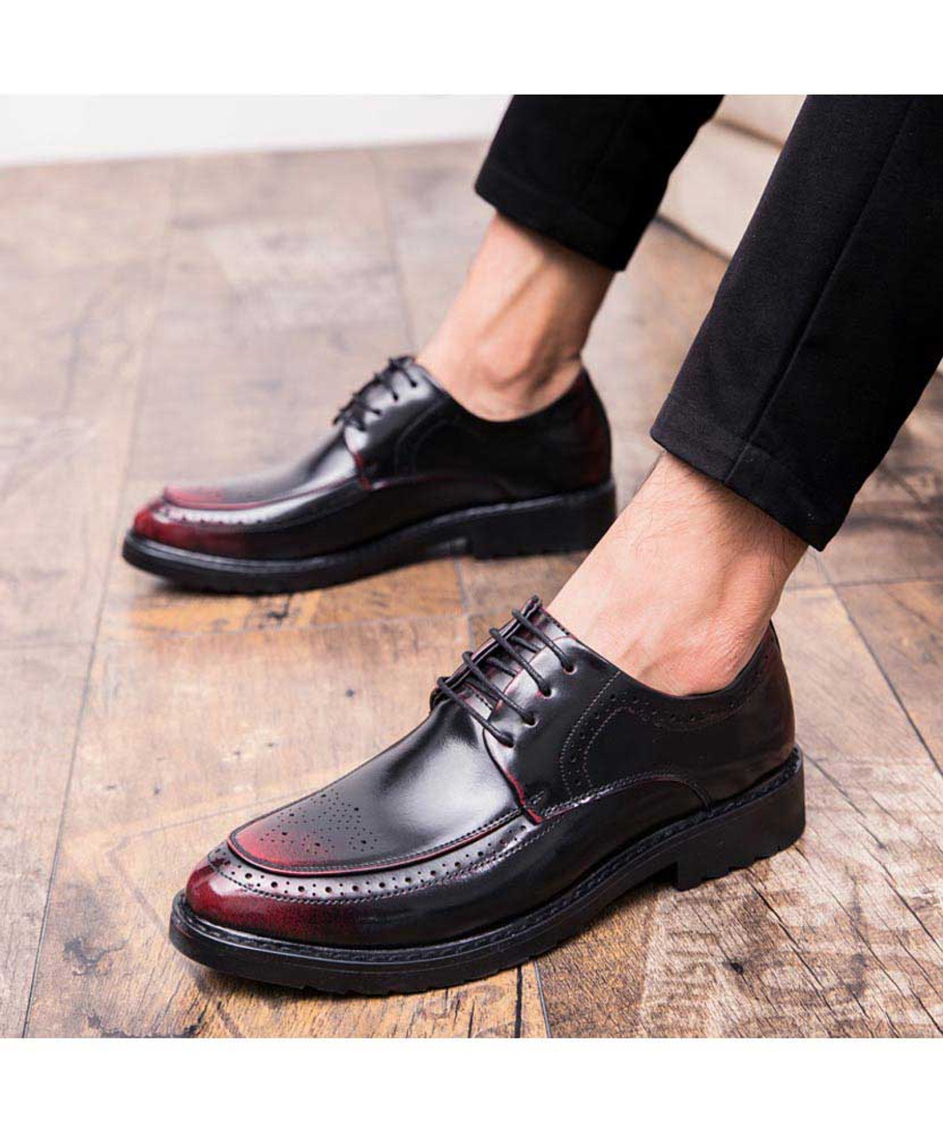 Black red retro brogue leather derby dress shoe | Mens dress shoes ...
