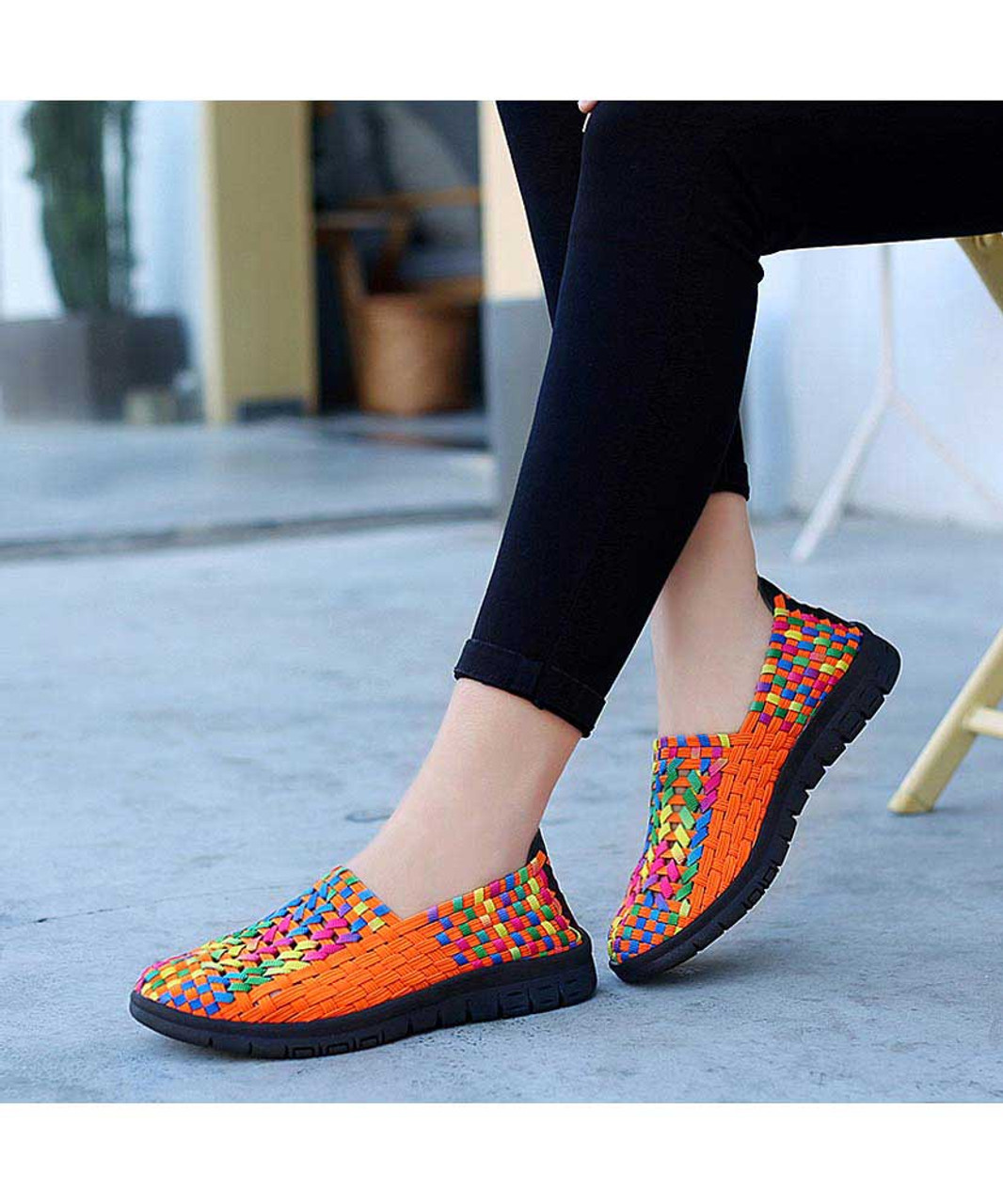 Orange check mix color weave slip on shoe sneaker | Womens shoe ...
