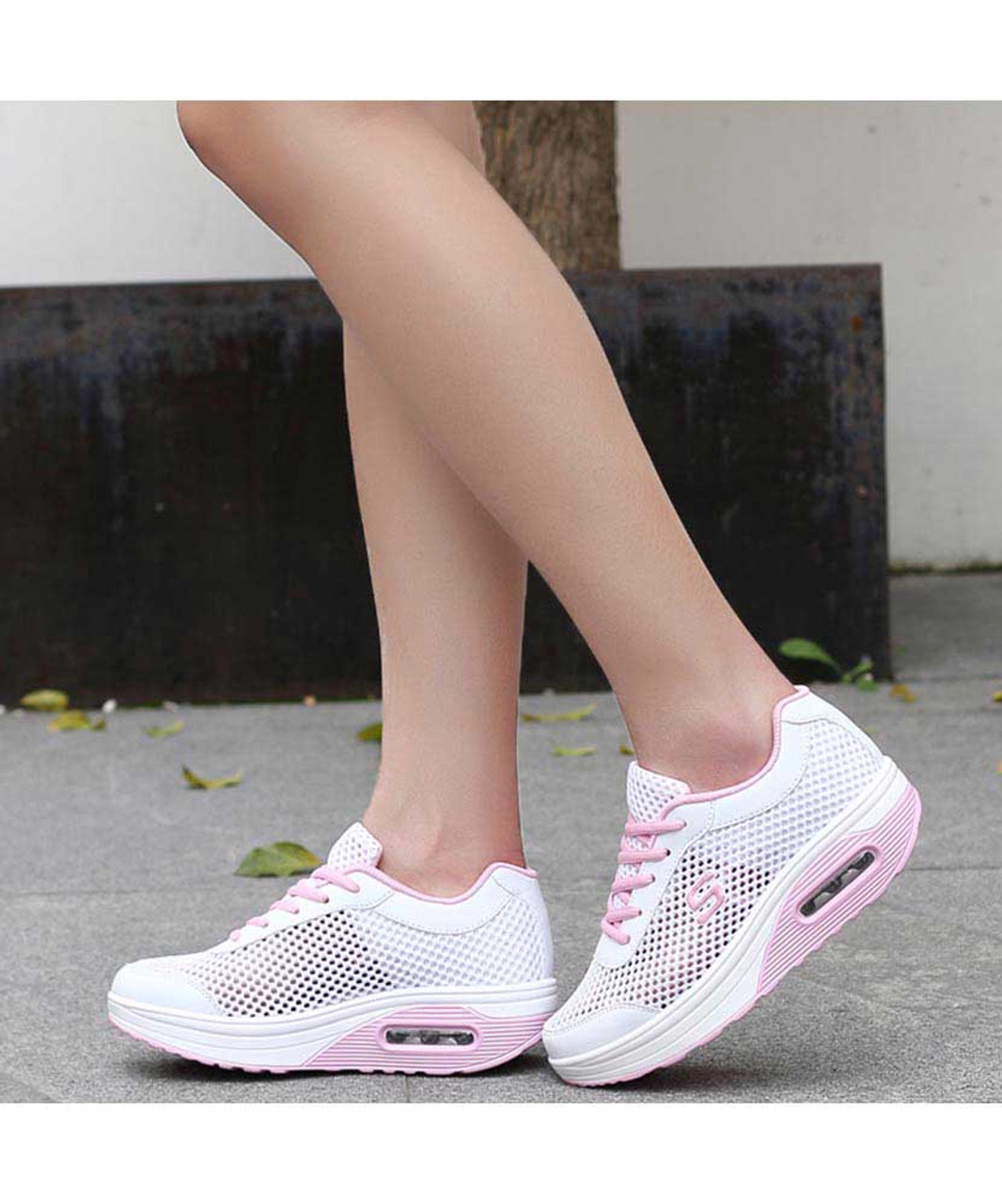 Pink white hollow cut rocker bottom shoe sneaker | Womens rocker shoes ...
