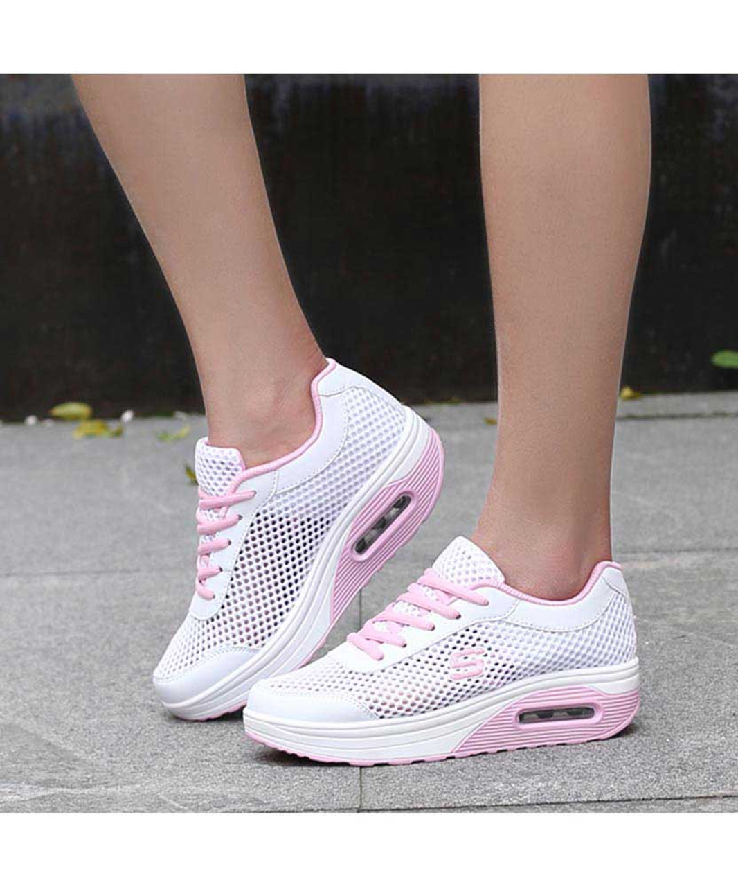 Pink white hollow cut rocker bottom shoe sneaker | Womens rocker shoes ...